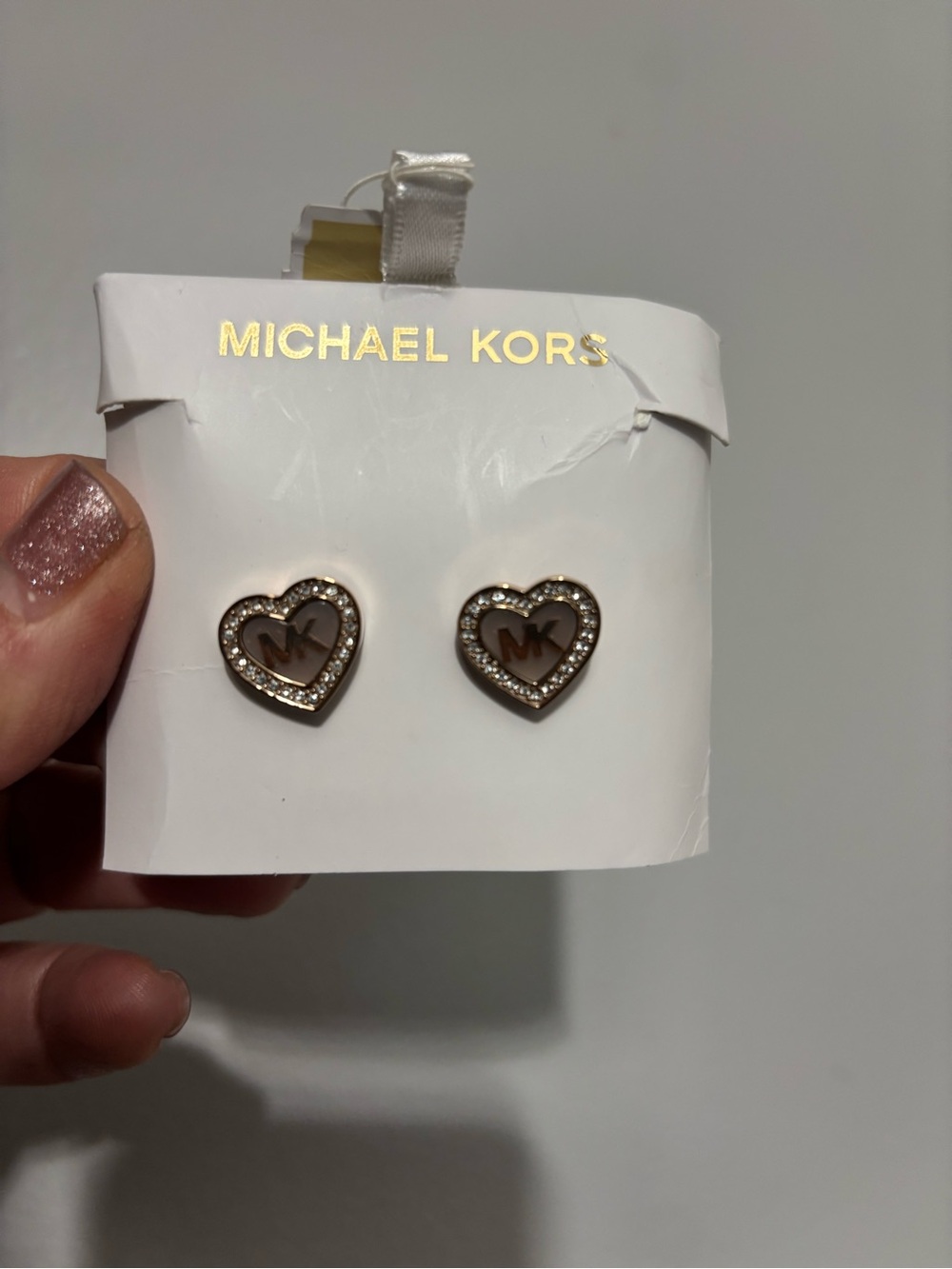 Michael Kors Gold and Tan Heart Logo Crystal Halo Stud Earrings -New!